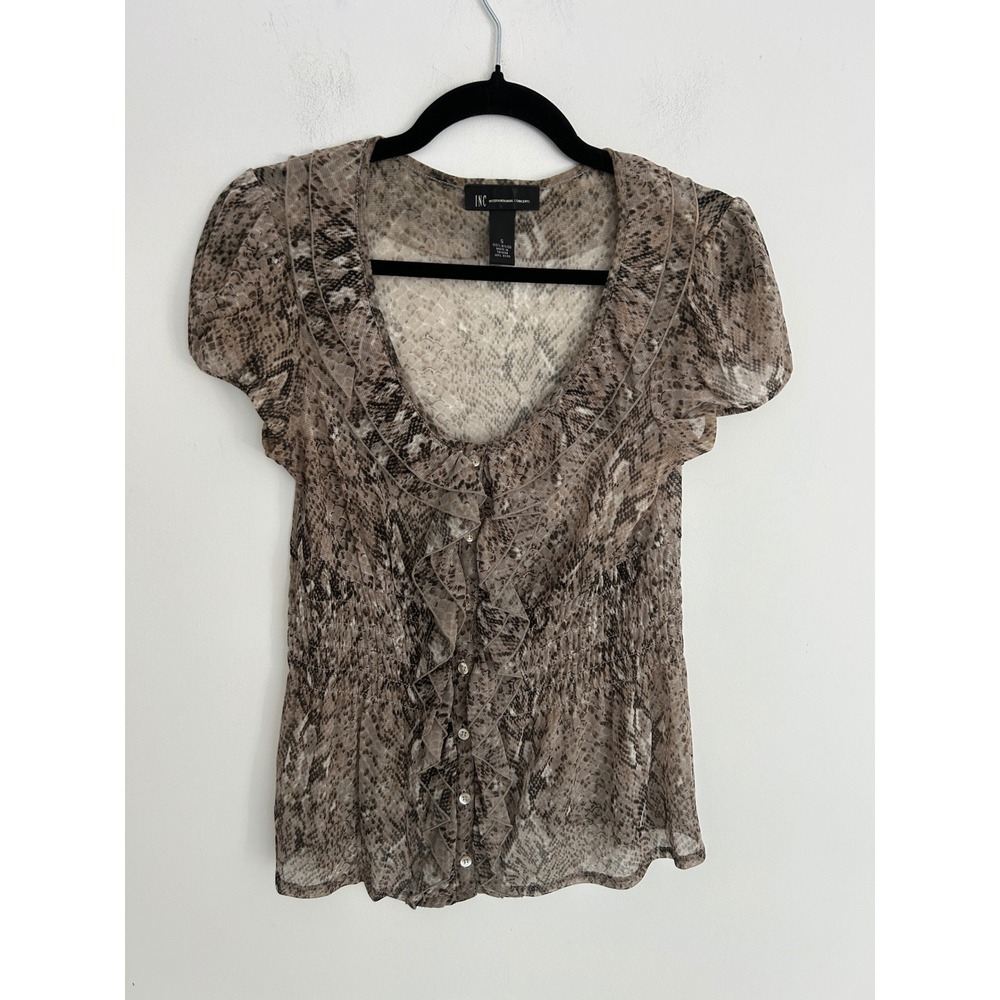 INC International Concepts Brown Snake Print Mesh Ruffle Smocked Blouse Small